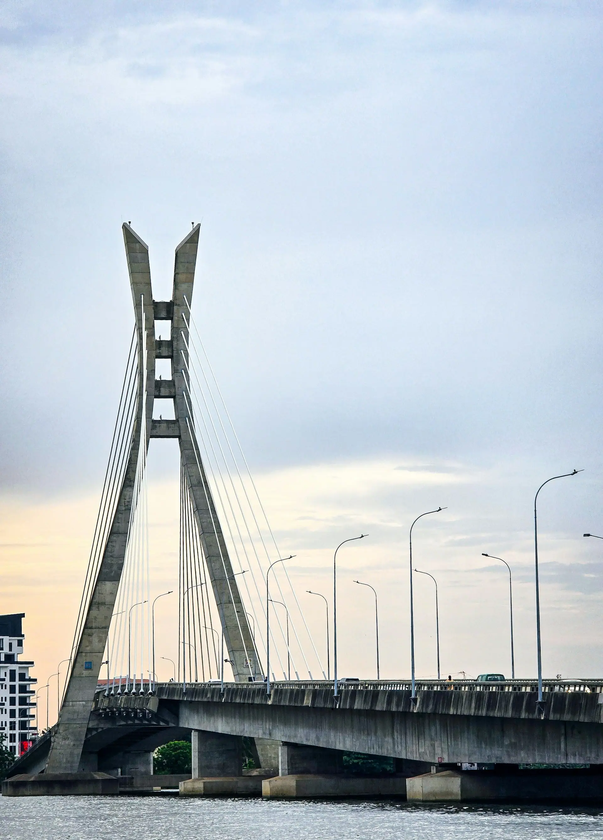 Cable-stayed bridge tower in a West African city